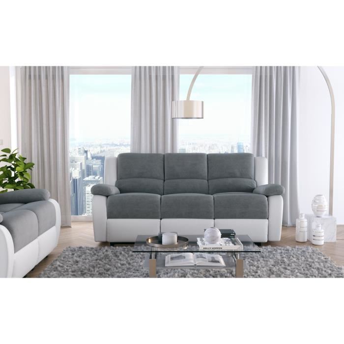 Canape Relaxation 3 Places Microfibre Et Simili Leo Blanc Et Gris L193 X 93 X 96cm Loungitude