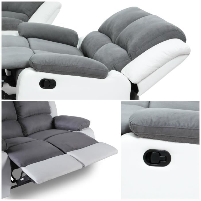Canape Relaxation 3 Places Microfibre Et Simili Leo Blanc Et Gris L193 X 93 X 96cm Loungitude