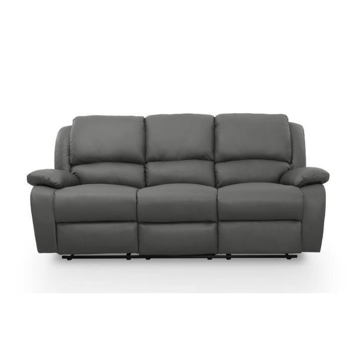 Canape Relaxation 3 Places Simili Cuir Leo Gris L193 X 93 X 96cm Loungitude