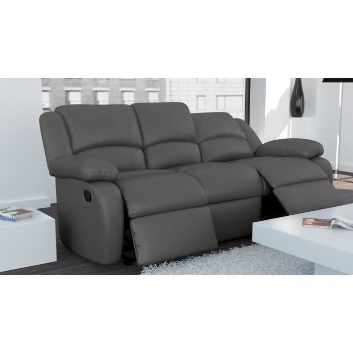 Canape Relaxation 3 Places Simili Cuir Leo Gris L193 X 93 X 96cm Loungitude