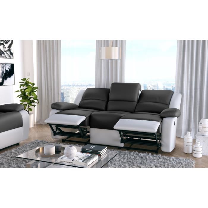 Canape Relaxation 3 Places Simili Cuir Leo Blanc Et Gris L193 X 93 X 96cm Loungitude