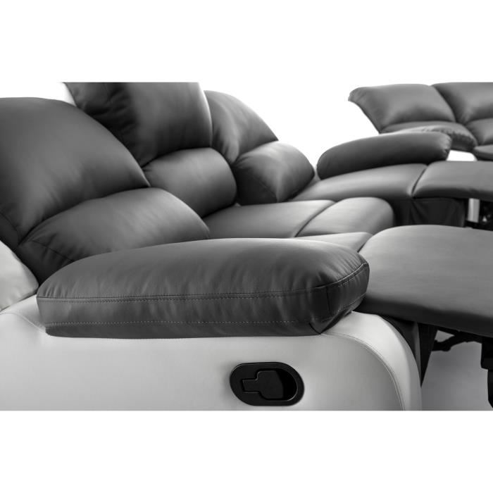 Canape Relaxation 3 Places Simili Cuir Leo Blanc Et Gris L193 X 93 X 96cm Loungitude