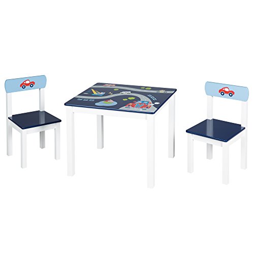 Roba Ensemble Table + 2 Chaises Enfants - Rennfahrer - Motif Vehicules Et Voitures - Table De Jeu - Bleu / Blanc
