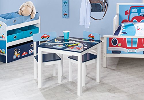 Roba Ensemble Table + 2 Chaises Enfants - Rennfahrer - Motif Vehicules Et Voitures - Table De Jeu - Bleu / Blanc
