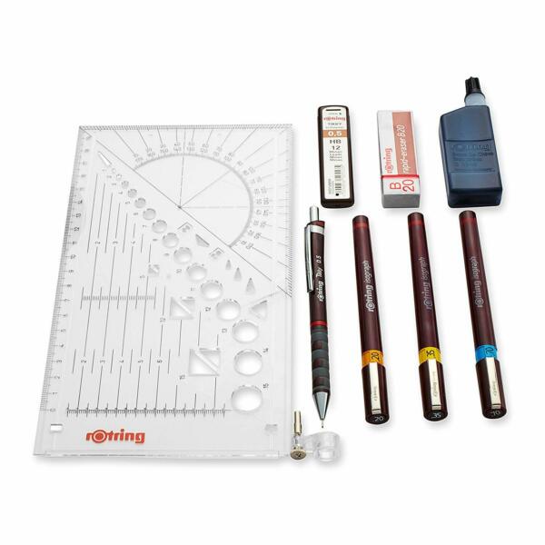 Rotring Set College : Porte-mine 0.5 + 3 Stylos Isograph 0.2/0.3/0.7mm + Gomme + 12 Mines Hb + Flacon D'encre 23 Ml + Attache