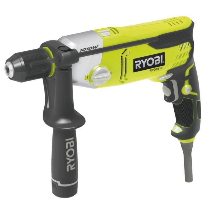 Ryobi Perceuse A Percussion 1 010 W 1 200 3 000 Cpmin 2 Vitesses Mandrin 13 Mm Metal Led Livree En Coffret Rpd1010 K