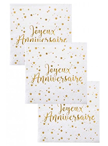Serviettes En Papier Joyeux Anniversaire Lot De 20 Dore 25 X 25 Cm 3 Plis