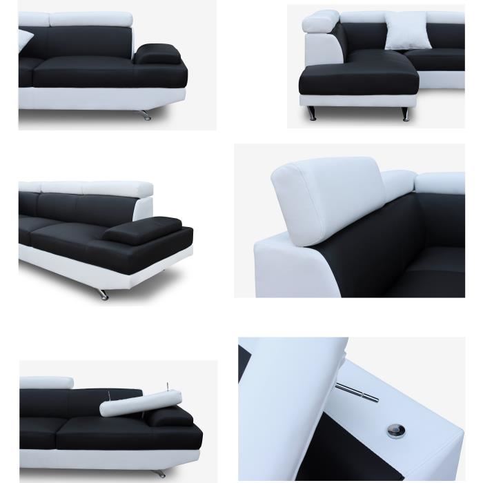 Scoop Canape Dangle Gauche 4 Places Simili Noir Et Blanc Contemporain L 259 X P 182 Cm