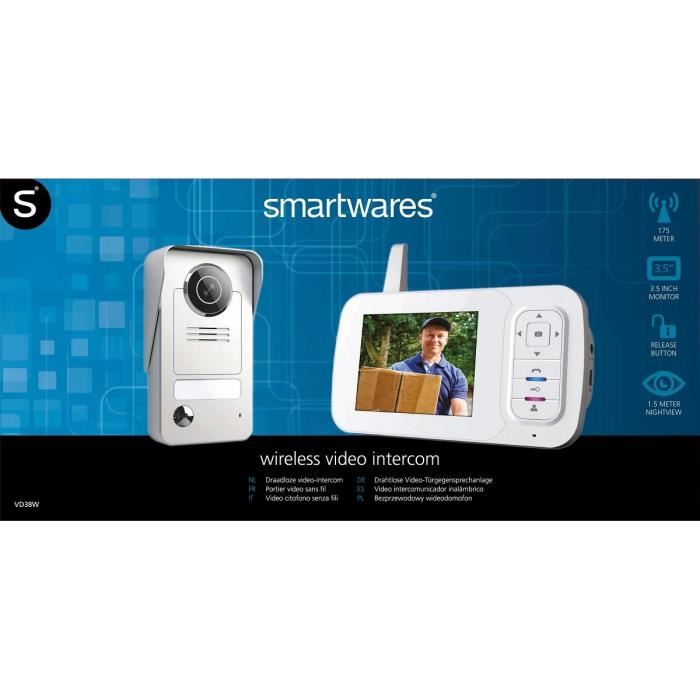 Interphone Visiophone Sans Fil Smartwares - Vd38w - Ecran Portable 3,5pouces - Vision Nocturne 1m
