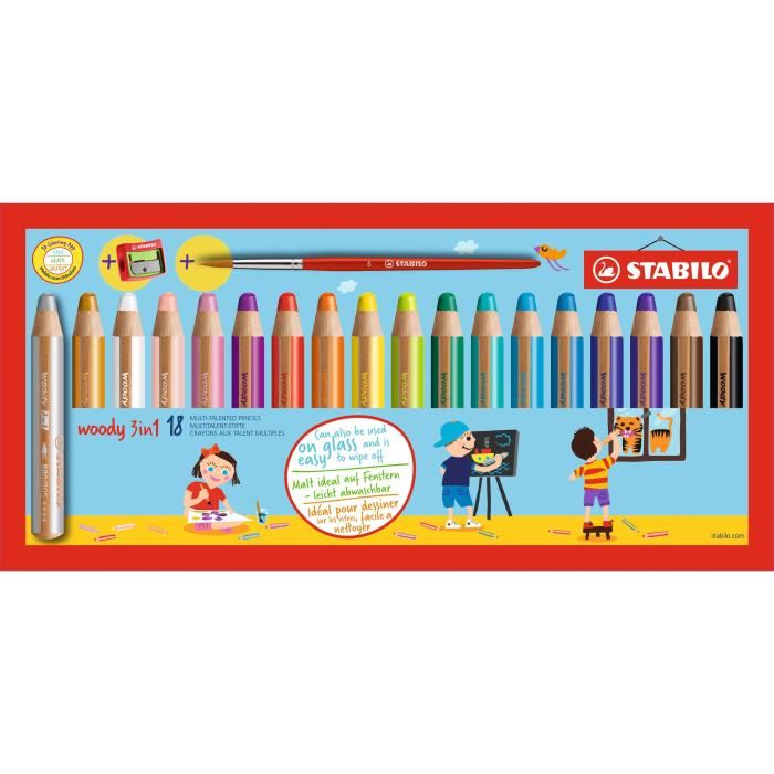 Stabilo 18 Crayons De Couleur Multi Talents Woody 3in1 1 Pinceau Rond Taille 8 1 Taille Crayon