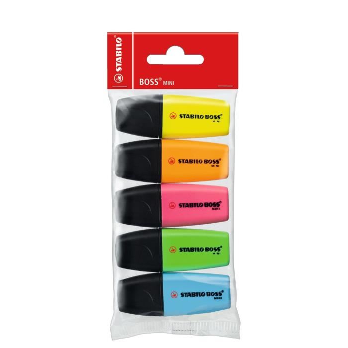 Stabilo Boss Mini - Lot De 5 Surligneurs - Jaune + Vert + Orange + Bleu + Rose