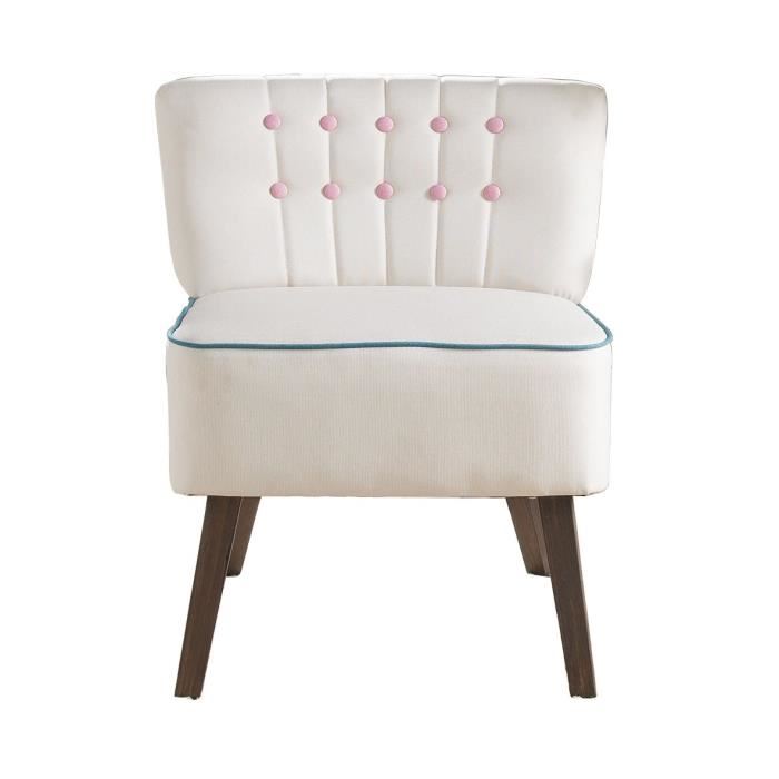 STANFORD Fauteuil en bois Tissu blanc boutons rose Scandinave L 60 x P 44 cm