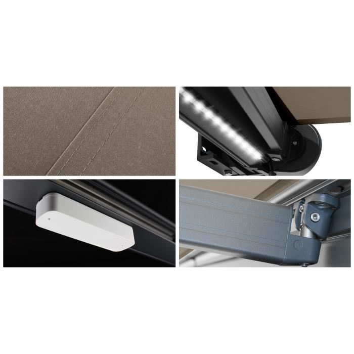 Store Banne Coffre Protect 2 Led Smart Gris 405x35m Motorise Capteur Vent Led Toile Taupe