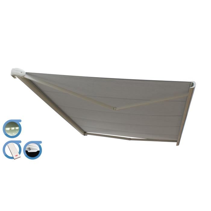 Store Banne Coffre Protect 2 Led Smart Blanc 5x35m Motorise Capteur Vent Led Toile Grise