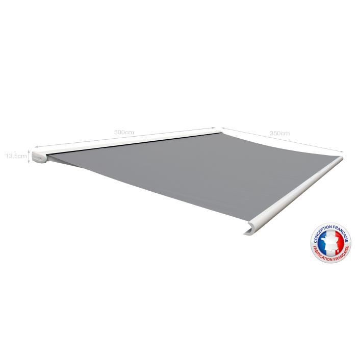 Store Banne Coffre Protect 2 Led Smart Blanc 5x35m Motorise Capteur Vent Led Toile Grise