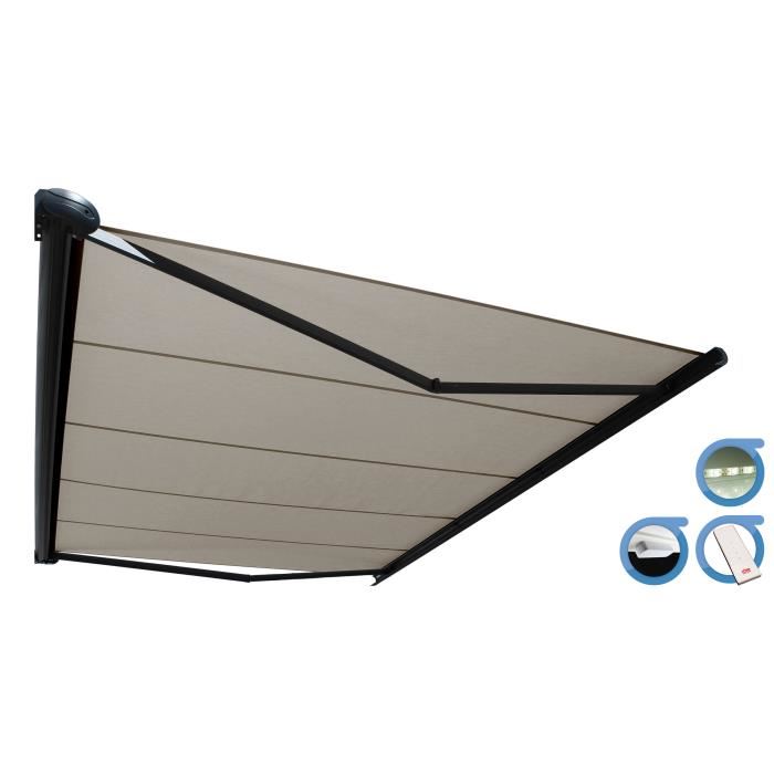 Store Banne Coffre Protect 2 Led Smart Gris 5x35m Motorise Capteur Vent Led Toile Taupe