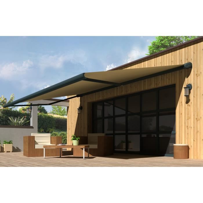 Store Banne Coffre Protect 2 Led Smart Gris 5x35m Motorise Capteur Vent Led Toile Ecrue