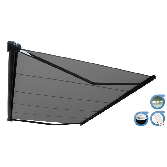 Store Banne Coffre Protect 2 Led Smart Gris 5x35m Motorise Capteur Vent Led Toile Grise