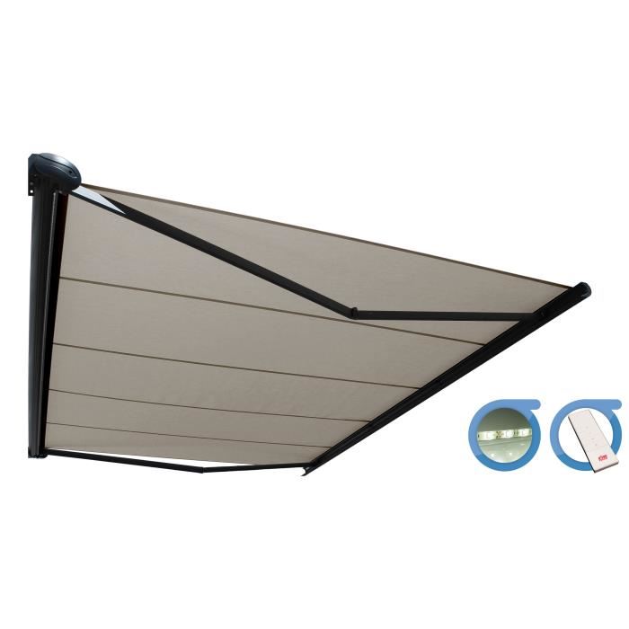Store Banne Coffre Protect 2 Led Gris 6x3.5m Motorise + Led - Toile Taupe