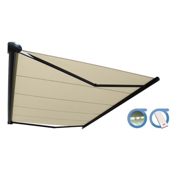 Store Banne Coffre Protect 2 Led Gris 6x35m Motorise Led Toile Ecrue