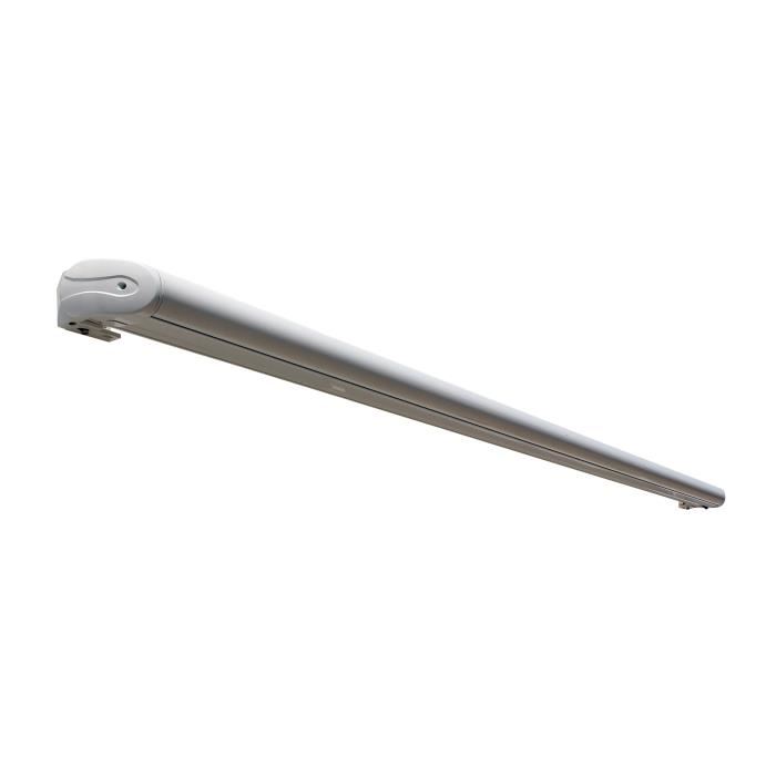 Store banne motorise coffre integral 6x35 m gris avec eclairage LED Structure blanche pur satinee PROTECT LED OMBRAZUR