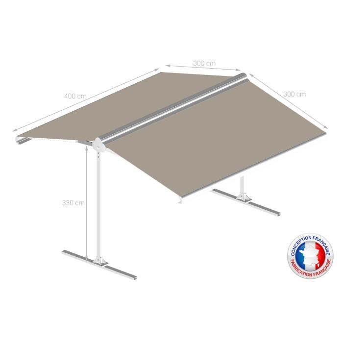 Store Double Pente Motorise 4x3x2 M Toile Taupe Et Structure Blanche Satinee Garden Ombrazur