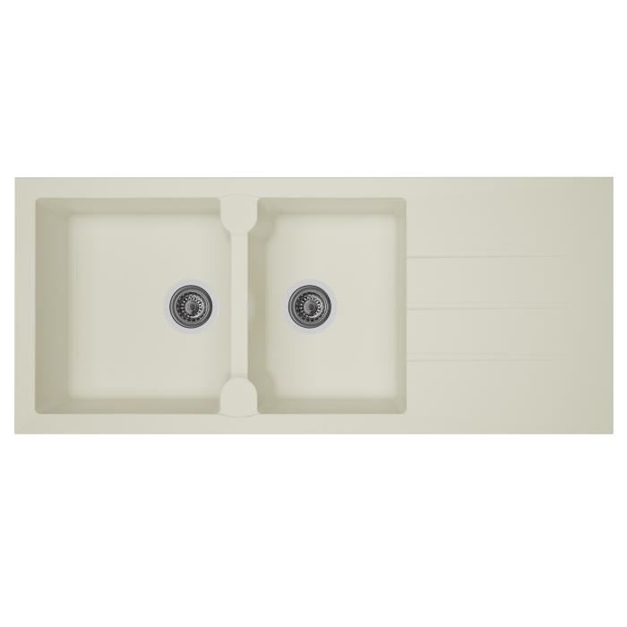 STRADOUR Evier cuisine a encastrer 2 bacs 1 egouttoir Aloa Resine 116 x 50 cm Blanc