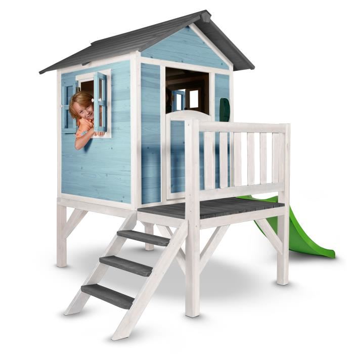 SUNNY Maisonnette Cabane enfant en bois avec toboggan Lodge XL bleue