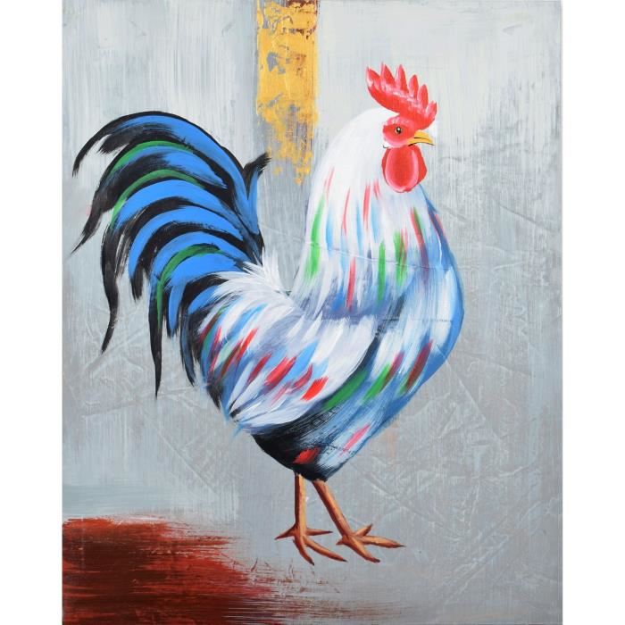Tableau Deco Coq 2 Toile Peinte A La Main 40 X 40 X 25 Cm