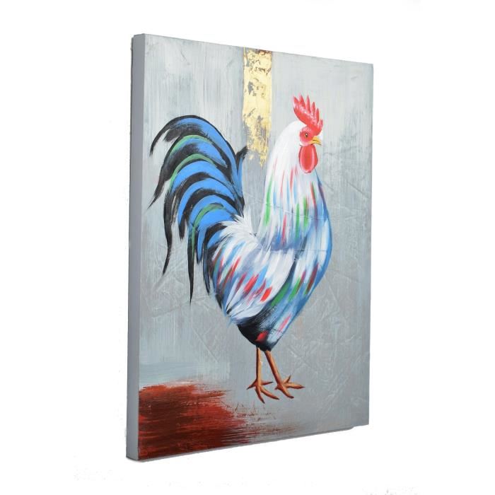 Tableau deco Coq 2 Toile peinte a la main 40 x 40 x 25 cm