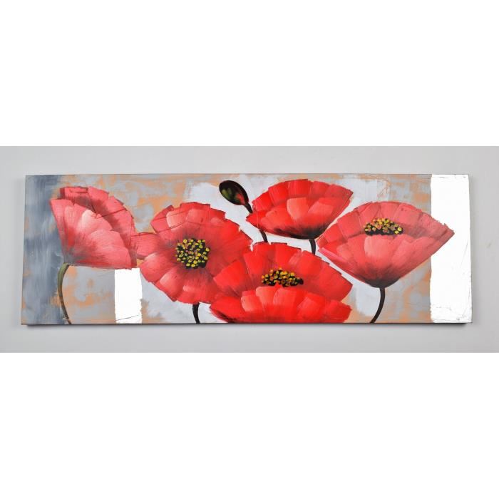 Tableau Deco Fleurs  20 -  Toile Peinte A La Main  -  50 X 150 X 4 Cm
