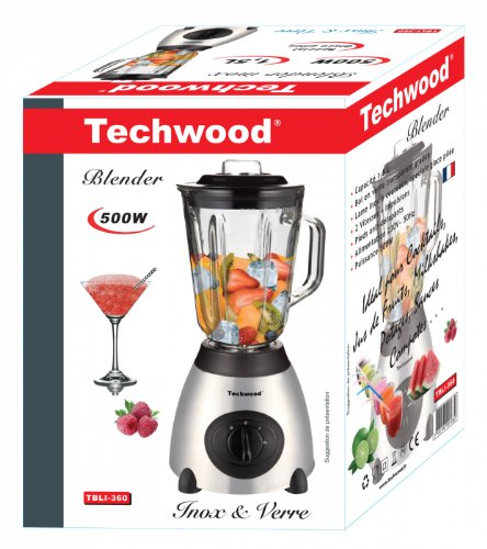 Blender inox avec bol en verre 500 W 15 L Techwood