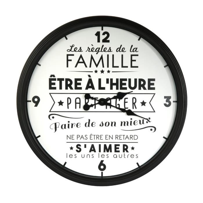 The Home Deco Factory Hd4680 Horloge Murale Ronde La Vie En Famille Polypropylene Blanc Et Noir D49x6cm