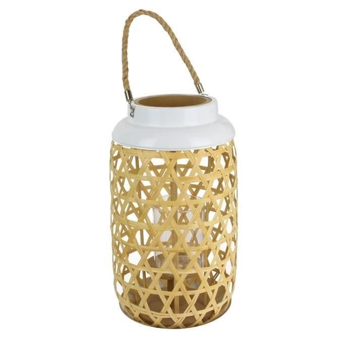 The Home Deco Factory Lanterne Tressee En Bois - 21x21x38.5cm - Beige-blanc