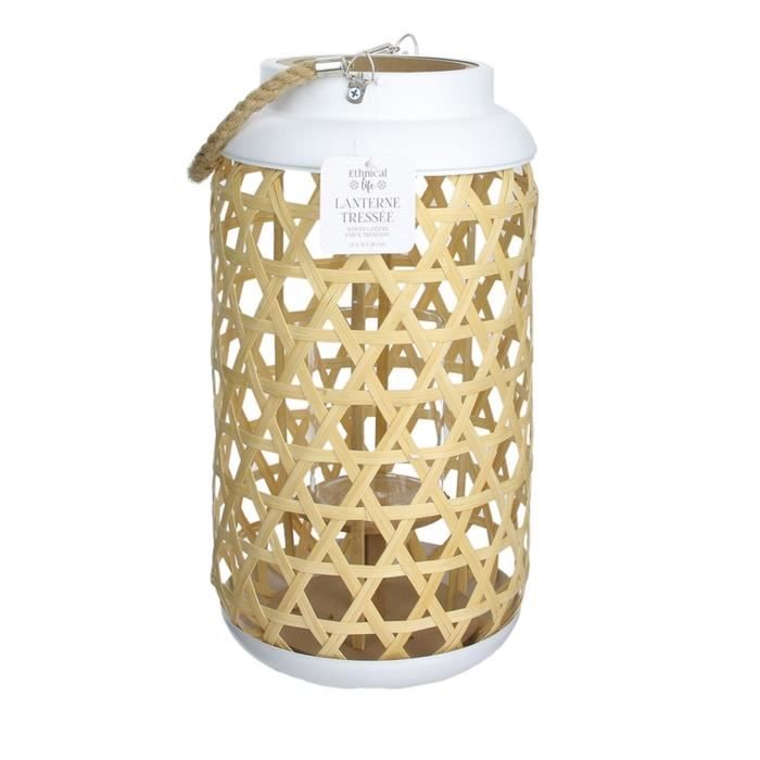 THE HOME DECO FACTORY Lanterne tressee en bois 21X21X385Cm Beige Blanc