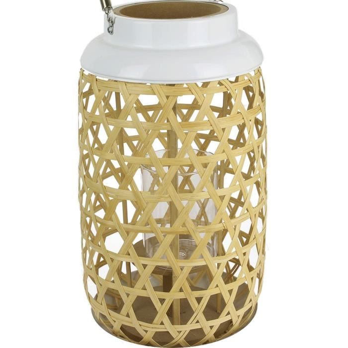 The Home Deco Factory Lanterne Tressee En Bois - 21x21x38.5cm - Beige-blanc