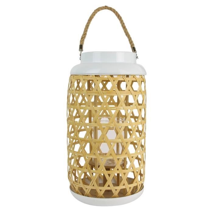 The Home Deco Factory Lanterne Tressee En Bois - 21x21x38.5cm - Beige-blanc