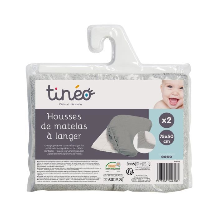 Tineo Tineo Lot 2 Housses Matelas A Langer Matiere Eponge Coins Elastiques Fabrique En Europe 75x50cm Gris Clair