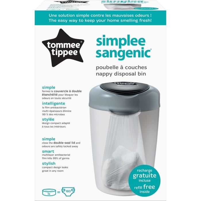 Tommee Tippee Poubelle A Couches Simplee +1 Recharge - Grise Et Blanche