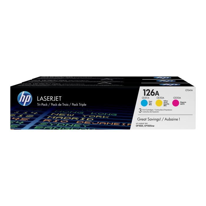 HP D'origine HP LaserJet CP 1025 Color toner (126A / CF 341 A) multicolor multipack (pack de 3), 1 000 pages, 14,02 centimes par page