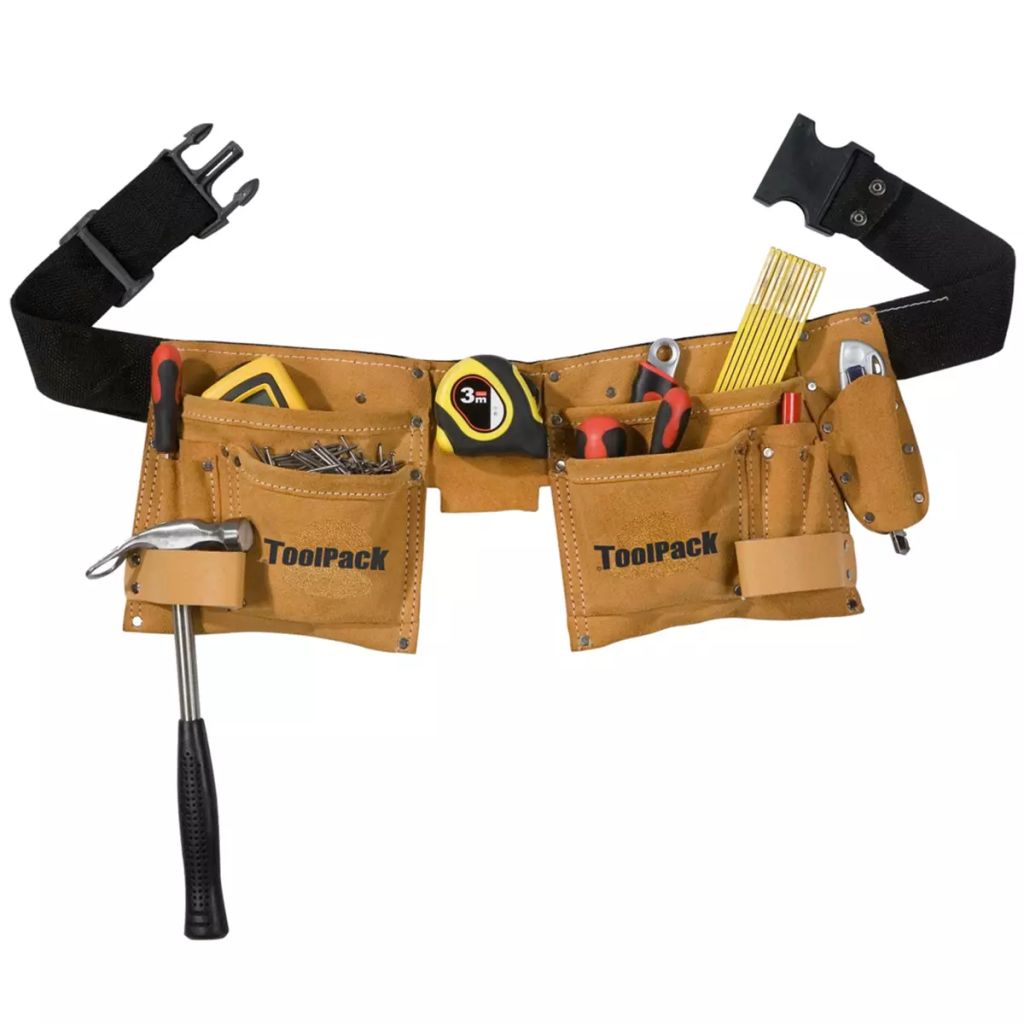 Toolpack Tp ; Ceinture A Outils Universelle, 2 Etuis Fixes, Porte-metre A Ruban Et Porte-marteau, Daim, Reglable