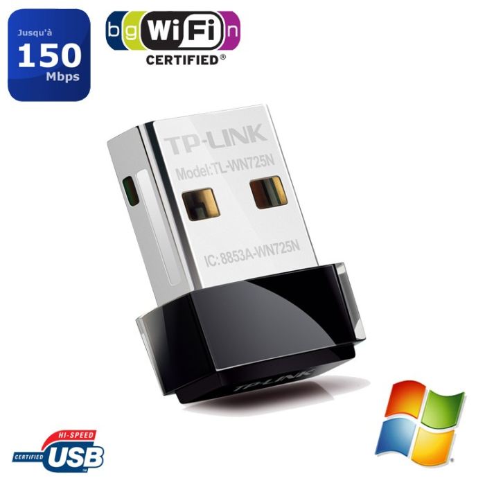 Cle Wifi Puissante - Tp-link - N150 Mbps - Nano Adaptateur Usb Wifi, Dongle Wifi - Compatible Win 10/8.1/8/7/xp/vista - Tl-wn725n