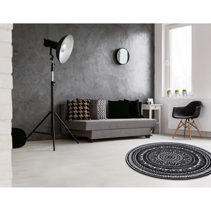 Tapis Rond A Motifs Indous Noir 100 X 100 Cm