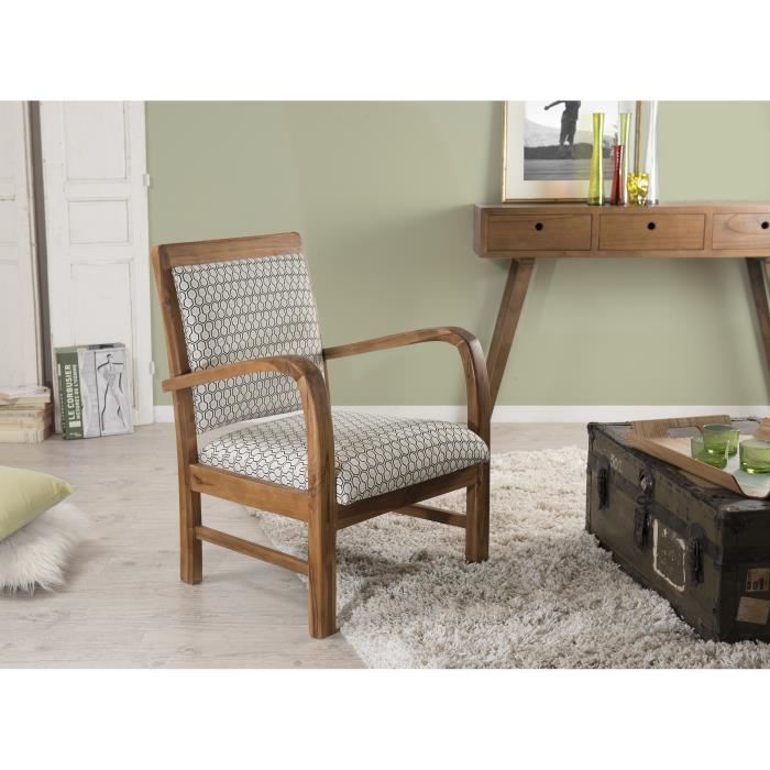 VALENCE Fauteuil hexago Teck et coton beige Classique L 61 x P 63 cm