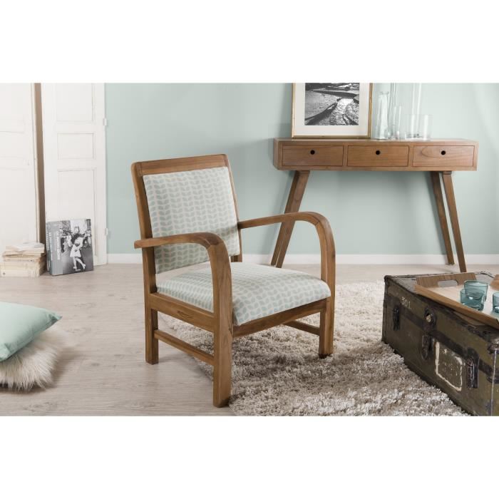 Macabane Fauteuil Petales En Teck Et Tissu Bleu Clair Vert 61x81x63cm