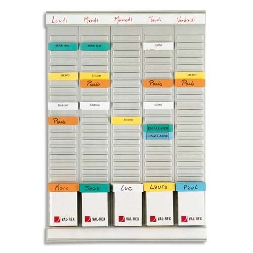 Planning 5 colonnes Val-Rex Weekly Planner. Ce planning complet comprend : - 5 bandes de 24 fentes permettant d'inserer 24 fiches indice 2 par bande. - 2 supports aluminium avec bande titres. 5 etuis de 100 fiches T indice 2 (coloris assortis). Kit de fi