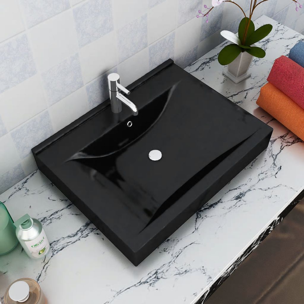 Vasque A Poser En Ceramique Noir Percage Pour La Robinetterie 60x46cm
