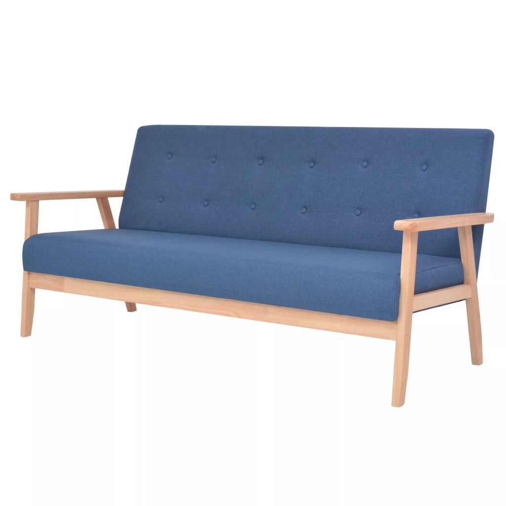 Canape 3 Places En Tissu Bleu, Rembourrage En Mousse, Cadre En Bois Massif, Confortable