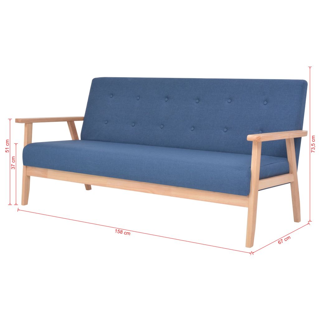 Canape 3 Places En Tissu Bleu, Rembourrage En Mousse, Cadre En Bois Massif, Confortable