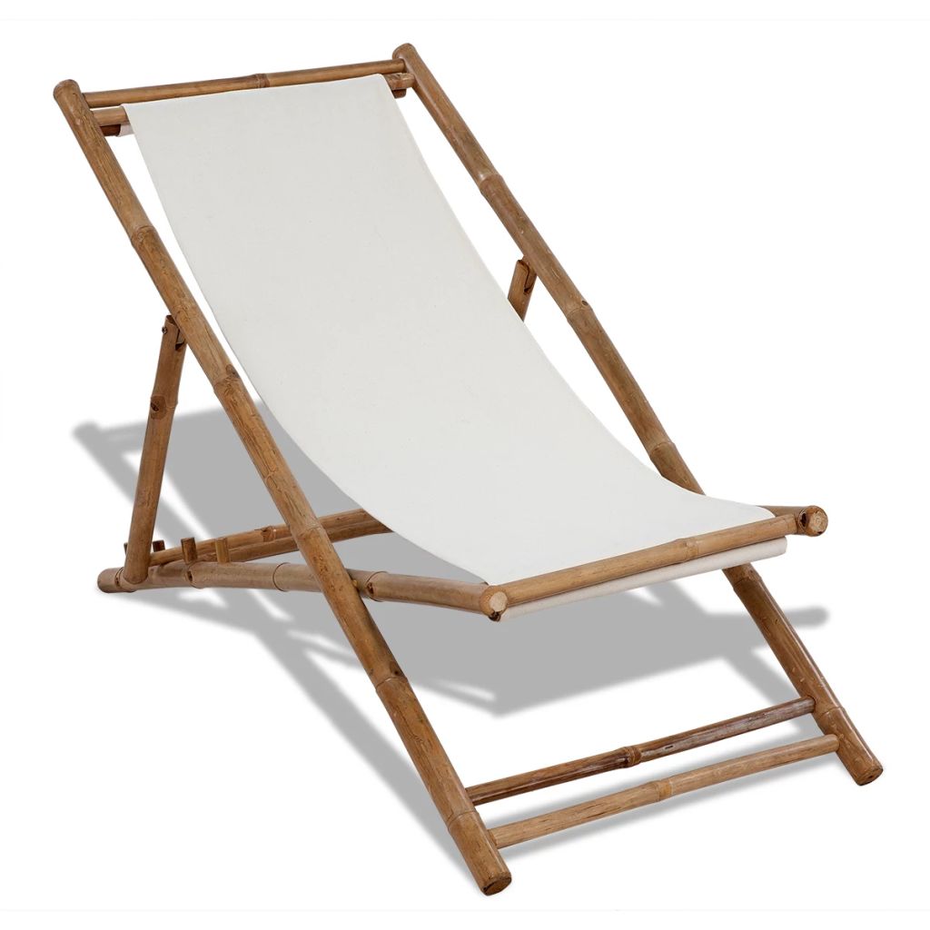 Chaise De Terrasse En Bambou Et Toile Blanc 112 X 60 X 75 Cm